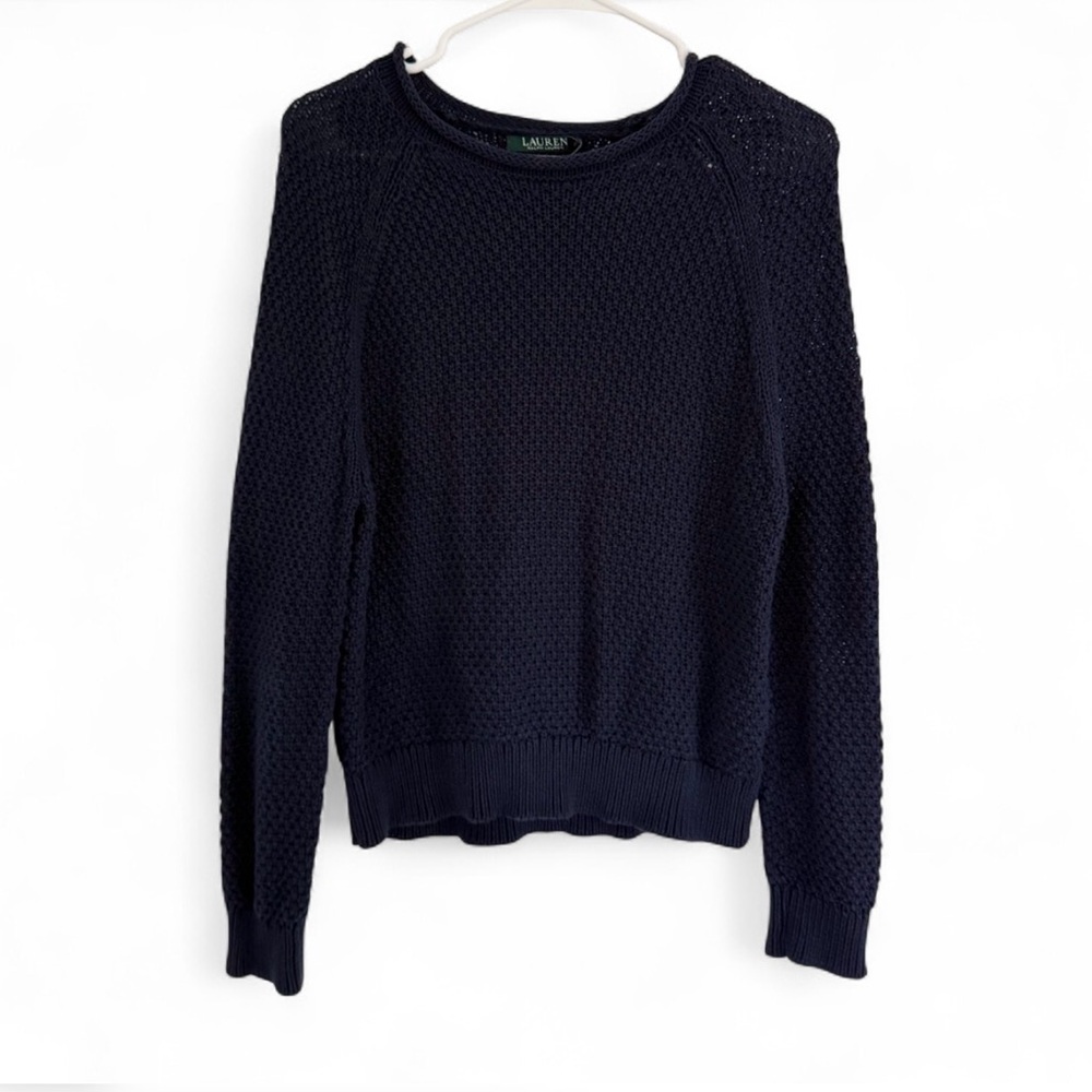 Lauren Ralph Lauren Womens Roll Neck Sweater Medium Navy Crochet Open Knit